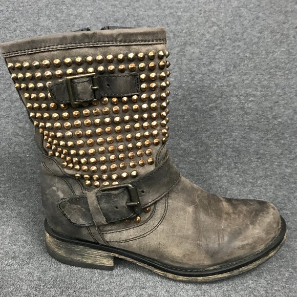 Steve Madden Monicaa Zip Up Studded Moto Mid Calf Taupe Leather Boots Womens 7.5 - Picture 3 of 8